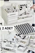 2 Adet Elegance Makyaj Ruj Oje Standı Rose Parfüm Kalemlik Masaüstü Makyaj Düzenleyici Çekmeceli Raf - 2