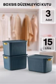 Boxsıs 3 Adet Mavi 15 Lt  Düzenleyici Kapaklı Kutu Storage Dekoratif Dolap İçi Organizer - 1