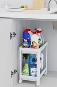2 Katlı Maja Tekerlekli Beyaz Tezgah Altı Düzenleyici Raf Banyo Dolabı Mutfak Tezgah Evye Altı - 1