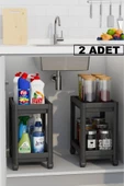 Maja 2 Adet 2 Katlı Siyah Tekerlekli Düzenleyici Mutfak Rafı Banyo Raf Tezgah Evye Altı Deterjanlık - 1