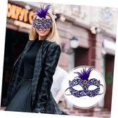 Siyah Kadife Üzeri Rengarenk Payetli Pullu Mor Tüylü Mor Taşlı Parti Maskesi 19x21 Cm thumbnail 2