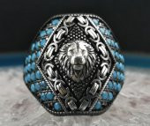 Özel Aslan Tasarımlı Mavi Mikro Taşlı 925 Ayar Gümüş Yüzük thumbnail 1