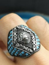 Özel Aslan Tasarımlı Mavi Mikro Taşlı 925 Ayar Gümüş Yüzük thumbnail 2