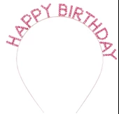 Pembe Renk Kristal Taşlı Gold Renk Kaplama Happy Birthday Taç 16x17 Cm - 1