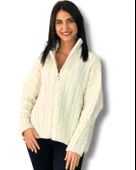 Oversize Geniş Kalıp Yarım Fermuarlı Dik Yaka Saç Örgülü Triko Kazak (Krem) thumbnail 1