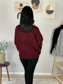 Oversize Geniş Kalıp Yarım Fermuarlı Dik Yaka Saç Örgülü Triko Kazak (Bordo) thumbnail 6