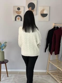 Oversize Geniş Kalıp Yarım Fermuarlı Dik Yaka Saç Örgülü Triko Kazak (Krem) thumbnail 5