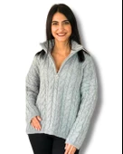 Oversize Geniş Kalıp Yarım Fermuarlı Dik Yaka Saç Örgülü Triko Kazak (Gri) thumbnail 1