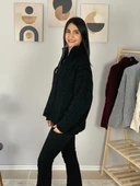 Oversize Geniş Kalıp Yarım Fermuarlı Dik Yaka Saç Örgülü Triko Kazak (Siyah) thumbnail 2