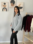 Oversize Geniş Kalıp Yarım Fermuarlı Dik Yaka Saç Örgülü Triko Kazak (Gri) thumbnail 4