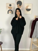 Oversize Geniş Kalıp Yarım Fermuarlı Dik Yaka Saç Örgülü Triko Kazak (Siyah) thumbnail 3