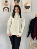 Oversize Geniş Kalıp Yarım Fermuarlı Dik Yaka Saç Örgülü Triko Kazak (Krem) thumbnail 3