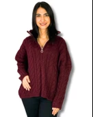 Oversize Geniş Kalıp Yarım Fermuarlı Dik Yaka Saç Örgülü Triko Kazak (Bordo) thumbnail 1