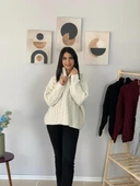 Oversize Geniş Kalıp Yarım Fermuarlı Dik Yaka Saç Örgülü Triko Kazak (Krem) thumbnail 6