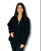 Oversize Geniş Kalıp Yarım Fermuarlı Dik Yaka Saç Örgülü Triko Kazak (Siyah) thumbnail 1