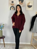 Oversize Geniş Kalıp Yarım Fermuarlı Dik Yaka Saç Örgülü Triko Kazak (Bordo) thumbnail 3