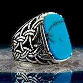 Şık Tasarımlı Örgü Desenli Firüze Taşlı Gümüş Yüzük thumbnail 1