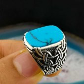 Şık Tasarımlı Örgü Desenli Firüze Taşlı Gümüş Yüzük thumbnail 2