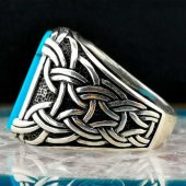 Şık Tasarımlı Örgü Desenli Firüze Taşlı Gümüş Yüzük thumbnail 4