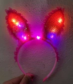 Kenarları Dantelli Fuşya Pullu Payetli Led Işıklı Tavşan Kulak Taç 23x19 Cm - 2