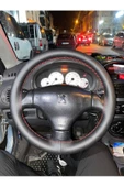 DİKİŞLİ DERİ DİREKSİYON KILIFI SİYAH DERİ KIRMIZI DİKİŞLİ PEUGEOT 206 İÇİN - 2