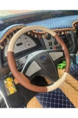 Dikişli Deri Direksiyon Kılıfı 66 Taba/bej Deri Siyah Dikişli Ford 3230 S Için thumbnail 2