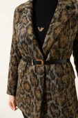 Leopar Desen Kemerli Blazer Ceket Taba - 4