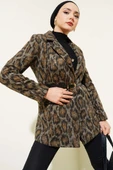 Leopar Desen Kemerli Blazer Ceket Taba - 1