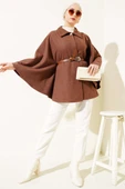 Gömlek Yaka Kemerli Kaşe Panço Kahve thumbnail 2