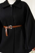 Gömlek Yaka Kemerli Kaşe Panço Siyah - 4