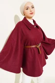 Gömlek Yaka Kemerli Kaşe Panço Bordo - 1