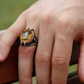 Gümüş Kaplan Gözü Taşlı Tuğralı Erkek Yüzük  SL3047 thumbnail 4