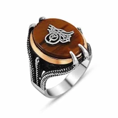 Gümüş Kaplan Gözü Taşlı Tuğralı Erkek Yüzük  SL3047 thumbnail 1