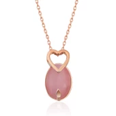 ​Gümüş Pembe Kedi Gözü Taşlı Kalp Kolye SL3416 thumbnail 1