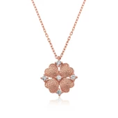 Gümüş Rose Kalp Yapraklı Çiçek Kolye SL3506 - 1
