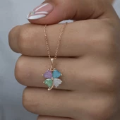 Gümüş Rose Renkli Taşlı Kalp Yonca Kadın Kolye SL3292 thumbnail 2