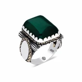 Gümüş Zirkon Yeşil Taşlı Kare Erkek Yüzük  SL3926 thumbnail 1