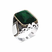 Gümüş Zirkon Yeşil Taşlı Kare Erkek Yüzük  SL3921 thumbnail 1