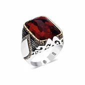 ​Gümüş Kırmızı Zirkon Taşlı Kare Erkek Yüzük SL3902 thumbnail 2