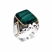 ​Gümüş Yeşil Sıkma Kehribar Taşlı Kare Erkek Yüzük SL3924 thumbnail 1