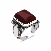 ​Gümüş Zirkon Bordo Akik Taşlı Kare Erkek Yüzük SL3908 thumbnail 1