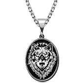 Gümüş Siyah Zeminli Kurt Motifli Göktürkçe Türk Yazılı  Kolye SL4394 thumbnail 2