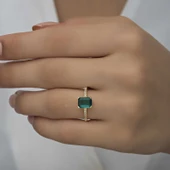 Gümüş Gold Yeşil Baget Taşlı Kadın Yüzük SL4721 thumbnail 3