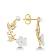 Gümüş Gold Sedef Çiçek Çivili Kadın Küpe SL5461 thumbnail 3