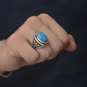 Gümüş Zirkon Turkuaz Taşlı Oval Erkek Yüzük SL5003 thumbnail 4