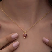 Gümüş Gold Kırmızı Taşlı Kalpli Kadın Kolye SL6282 thumbnail 2