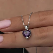 Gümüş Mor Taşlı Kalpli Kadın Kolye  SL6280 thumbnail 6