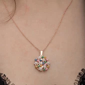 Gümüş Rose Renkli Çiçek Kişiye Özel Kadın Kolye SL6667 thumbnail 9