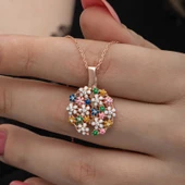 Gümüş Rose Renkli Çiçek Kişiye Özel Kadın Kolye SL6667 thumbnail 6