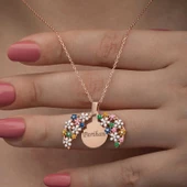 Gümüş Rose Renkli Çiçek Kişiye Özel Kadın Kolye SL6667 thumbnail 1